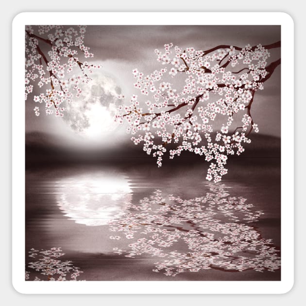 Cherry blossom branch. Full moon on water watercolor landscape illustration Sticker by likapix